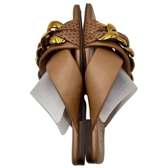 Vince Camuto Womens Slide Sandals 8 Azori Brown Leather Square Toe Gold Chain - Picture 4 of 9